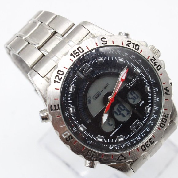 Stauer Chronograph & Digital Watch Mens Silver Tone Stainless Steel WR50 19093 - Picture 1 of 8